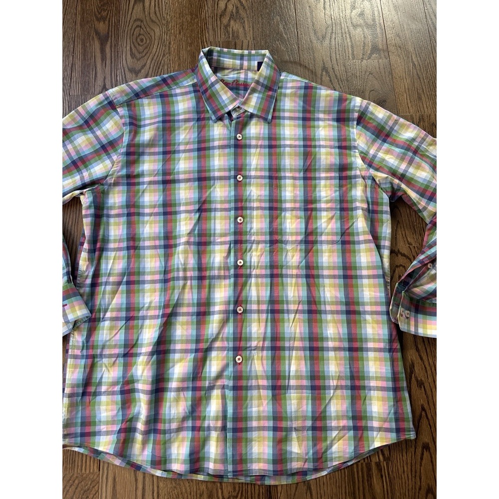 Alan Flusser XL Plaid Button Front Shirt Stretch Cotton Pastel Gingham Coastal